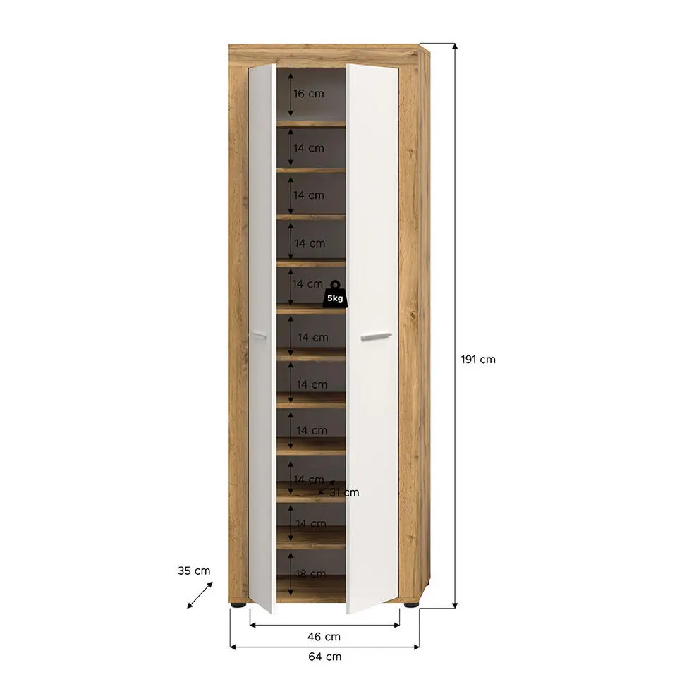 Hioshop Jam schoenenkast 2 deuren wit- eik decor