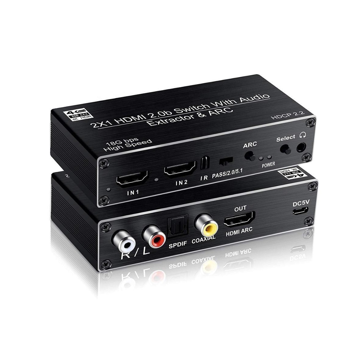 NÖRDIC HDMI Switch 2 til 1 med Audio Extractor og ARC 4K 60Hz SPDIF Coaxial RCA L / R og Stereo