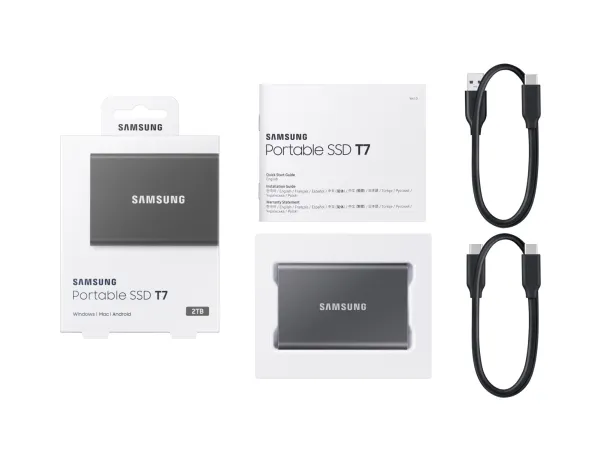 Samsung T7 MU-PC2T0T - SSD - krypteret - 2 TB - ekstern (bærbar) - USB 3.2 Gen 2 (USB-C stikforbindelse) - 256-bit AES - titan grå