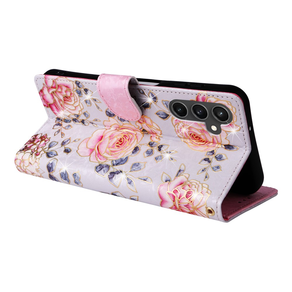 Samsung Galaxy S23 FE Leder Tasche mit Kartenfächer - Glitzer Pfingstrosen