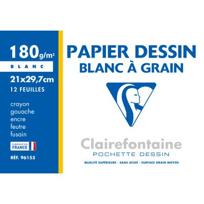 Clairefontaine Dessin à Grain - Pochette papier à dessin - 12 feuilles - A4 - 180 gr - blanc