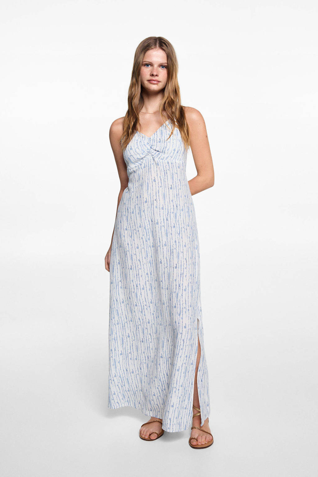MANGO TEEN maxi jurk met all over print naturel wit/blauw
