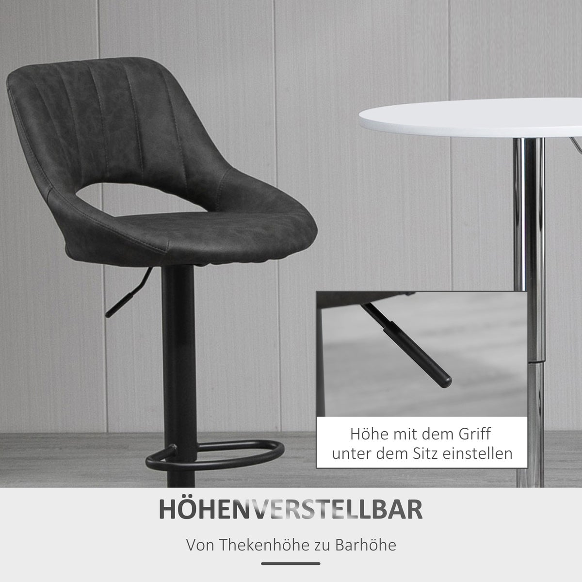 HOMCOM Barkrukset, 2 krukken, keukenkrukken, lederlook, draaibaar, in hoogte verstelbaar, met voetenbankje, modern design, metalen frame, 44 x 49 x 90-110 cm, grijs