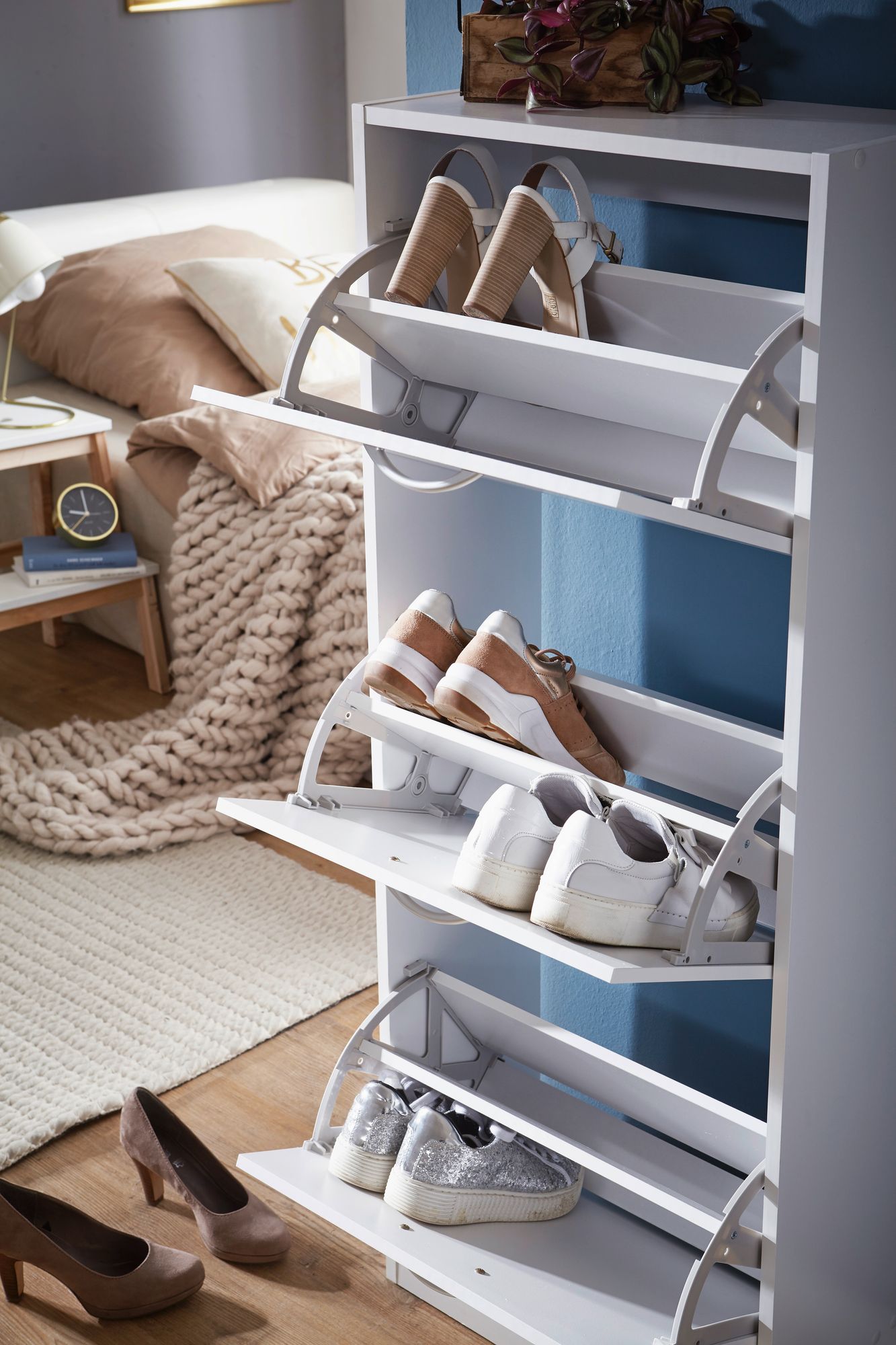 Schuhkipper mit 3 Fächern für 18 Paar Schuhe Schuhkommode Schuhschrank Holz Weiß