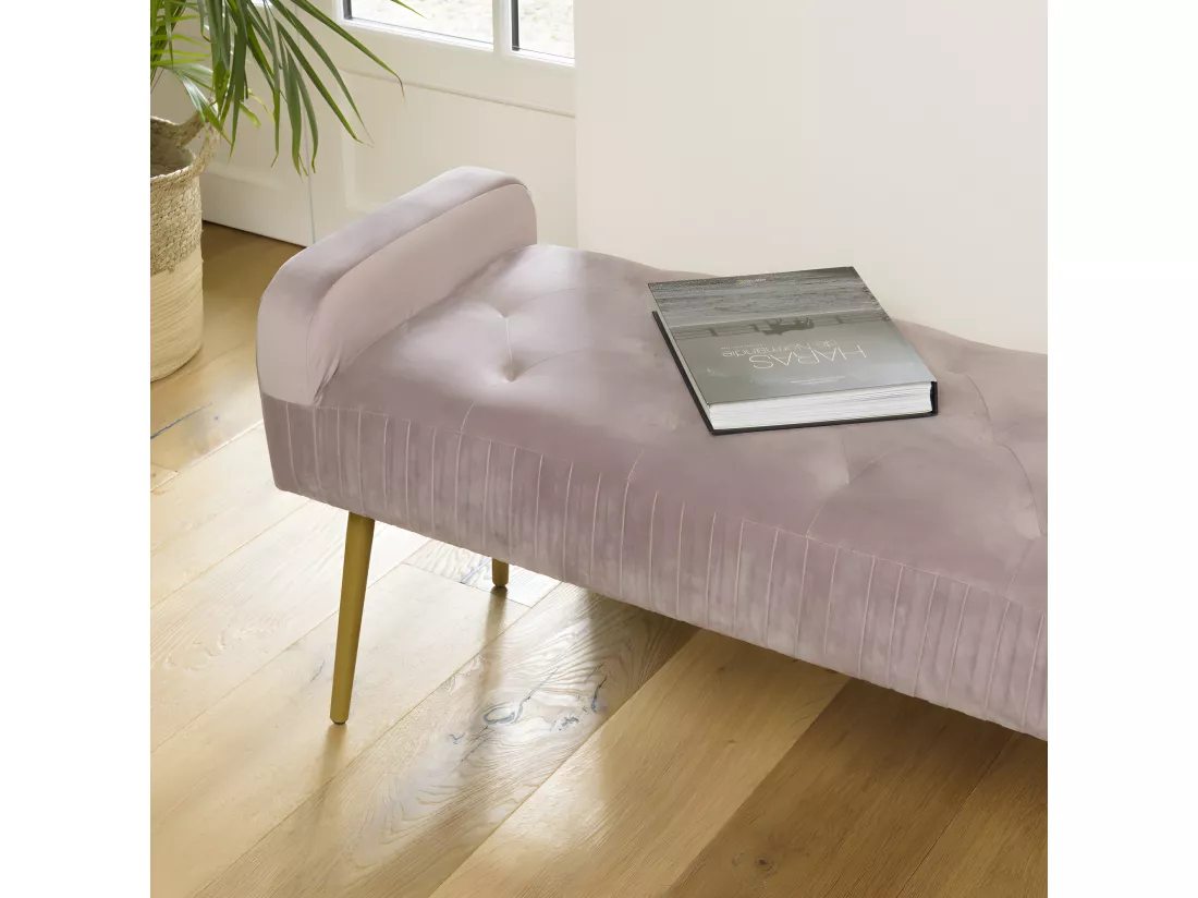 ALBANE - Banc de lit velours rose poudré pieds métal doré