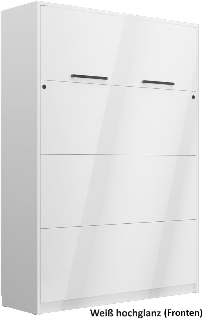 QMM Schrankbett Wandklappbett vertikal GN 160x200 mit 2 Schränken & LED-Beleuchtung (Weiß Hochglanz (Fronten))