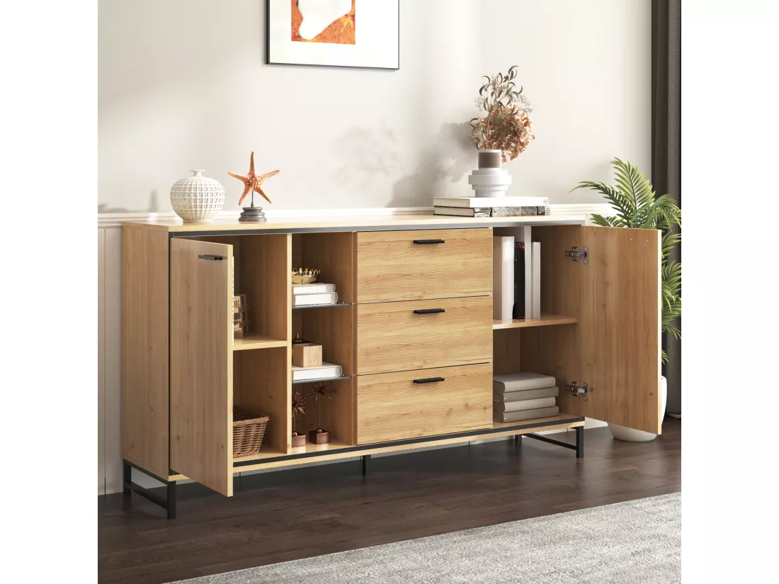 Buffet bas avec LED - 3 tiroirs & 2 portes & 3 étagères - Naturel