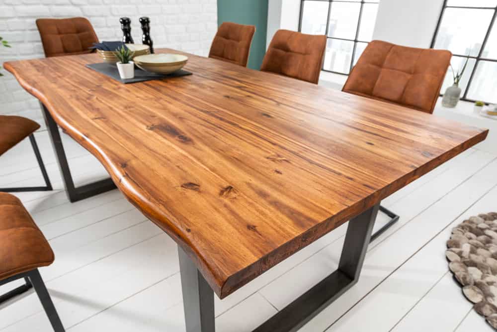 Massiver Esstisch GENESIS 200cm braun Akazienholz Baumkante Eisengestell Industrial