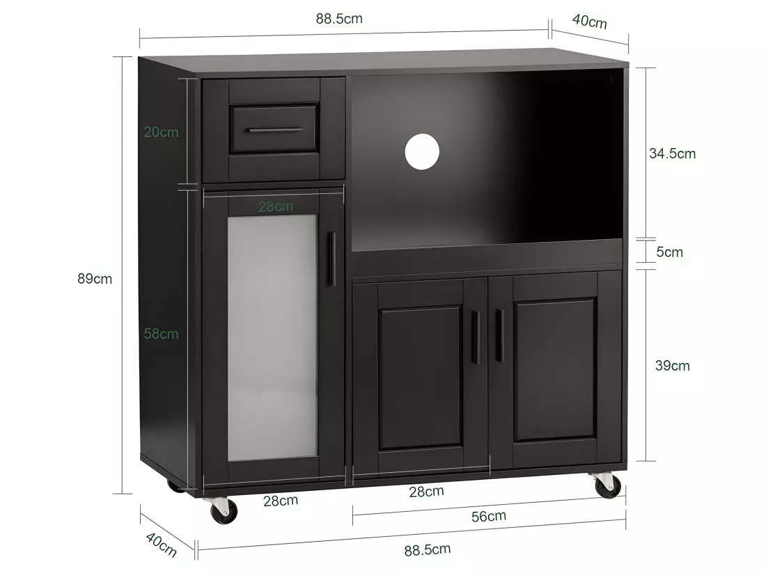 SoBuy FSB78-SCH Meuble Micro-Ondes Buffet Commode sur roulettes Armoire avec 3 Portes, 1 Tiroir, 1 Compartiment, pour Cuisine, Salle à Manger, Salon