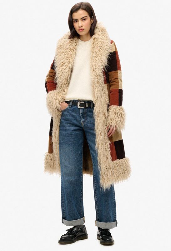 Superdry - Afghan Patchwork - Lange Damesjas - Imitatiebont - Slim Fit