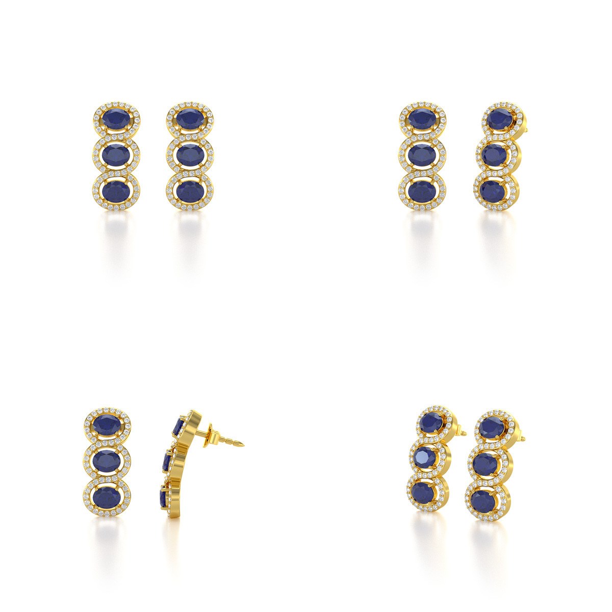 Boucles d'oreilles ADEN Or 585  Jaune Saphir forme Ovale et Diamants 4.55grs