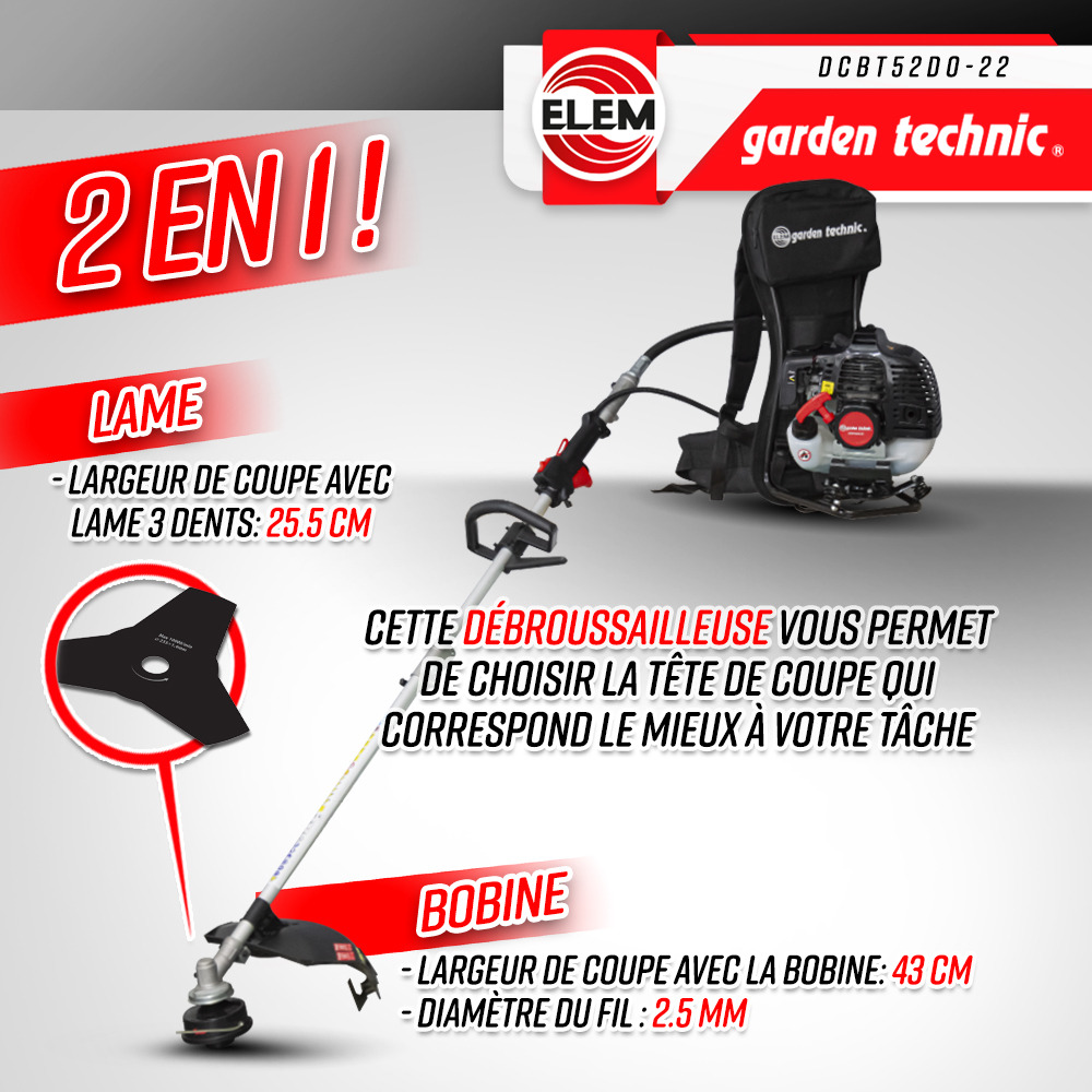 Débroussailleuse thermique dorsale 52cc - lame + fils - elem garden