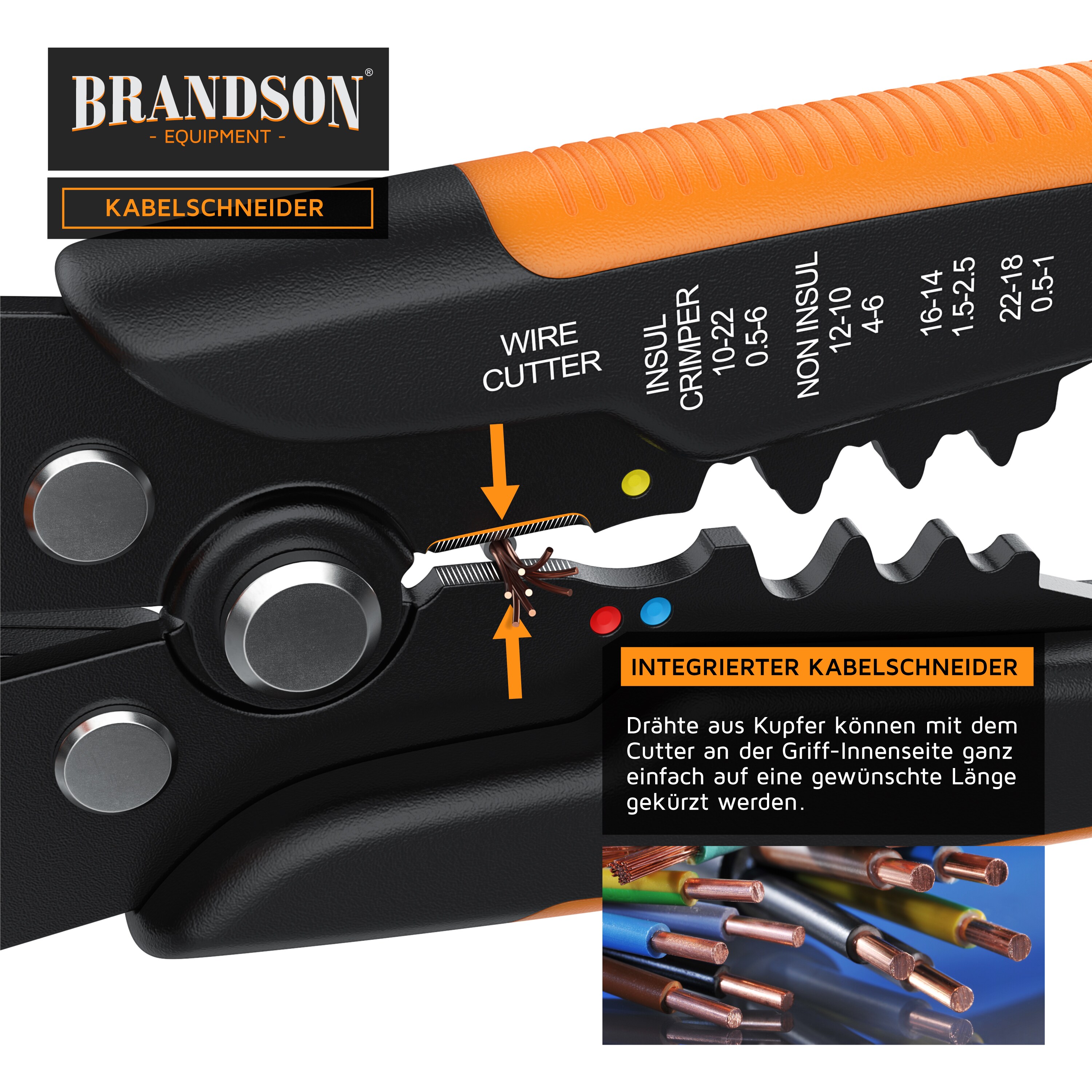 Brandson Abisolierzange selbsteinstellend - 10-24 AWG - Kabelschneider zum Abisolieren für Kabeldurchmesser von 0.2 - 6mm² - Crimpzange Crimpen