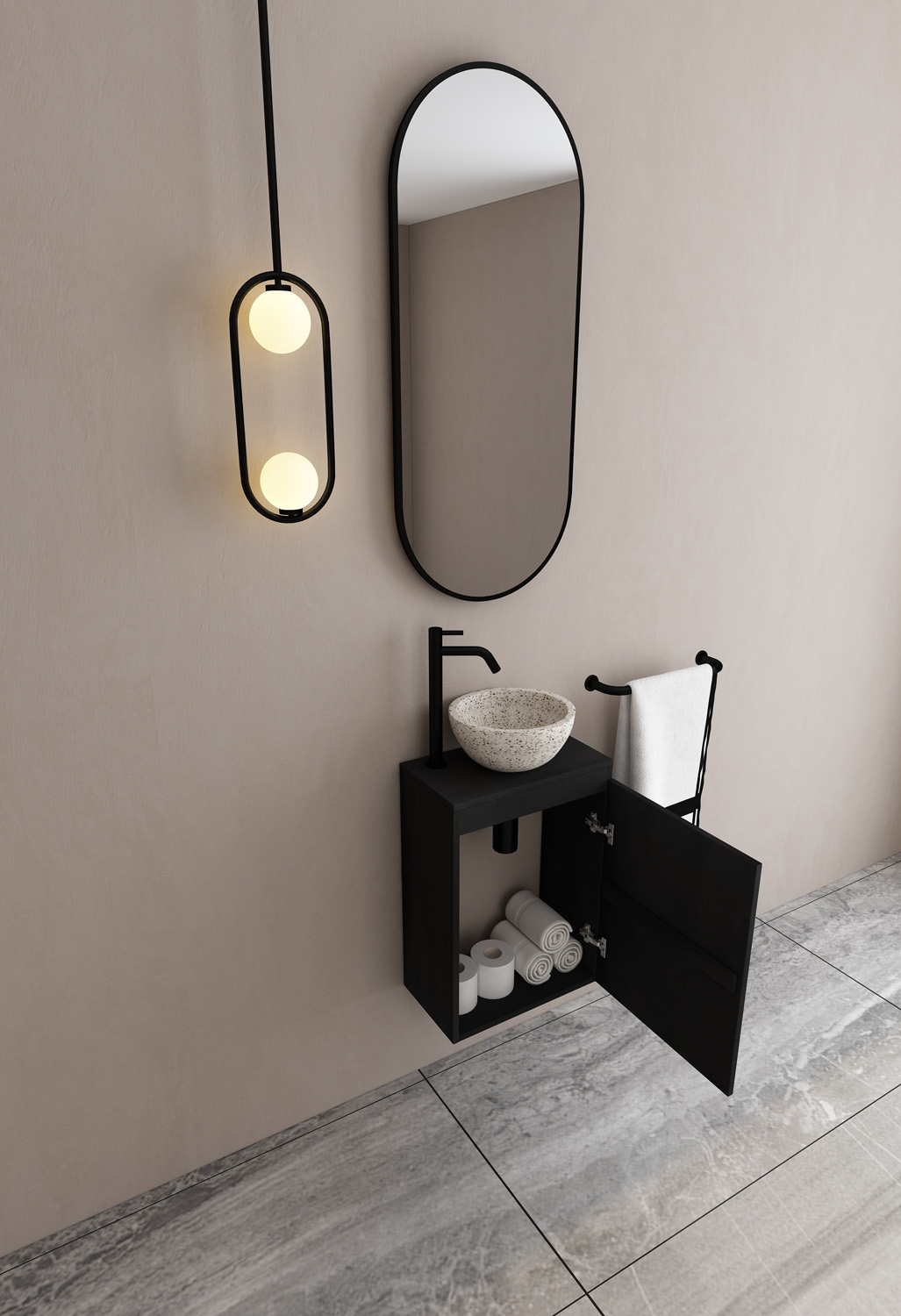 MD Interior Eden toiletmeubel zwart mangohout met zwart-witte terrazzo waskom rechts