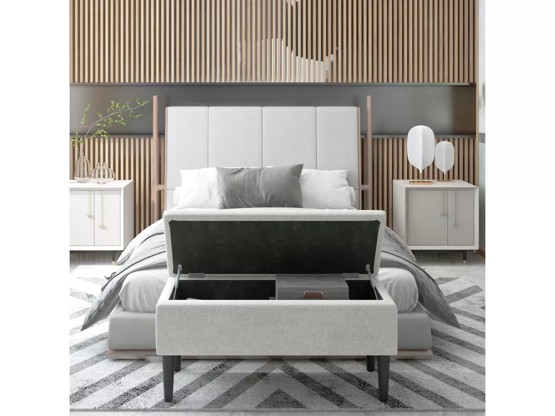 Banc coffre de rangement 2 en 1 dim. 95L x 38l x 45H cm piètement bois noir tissu blanc cassé