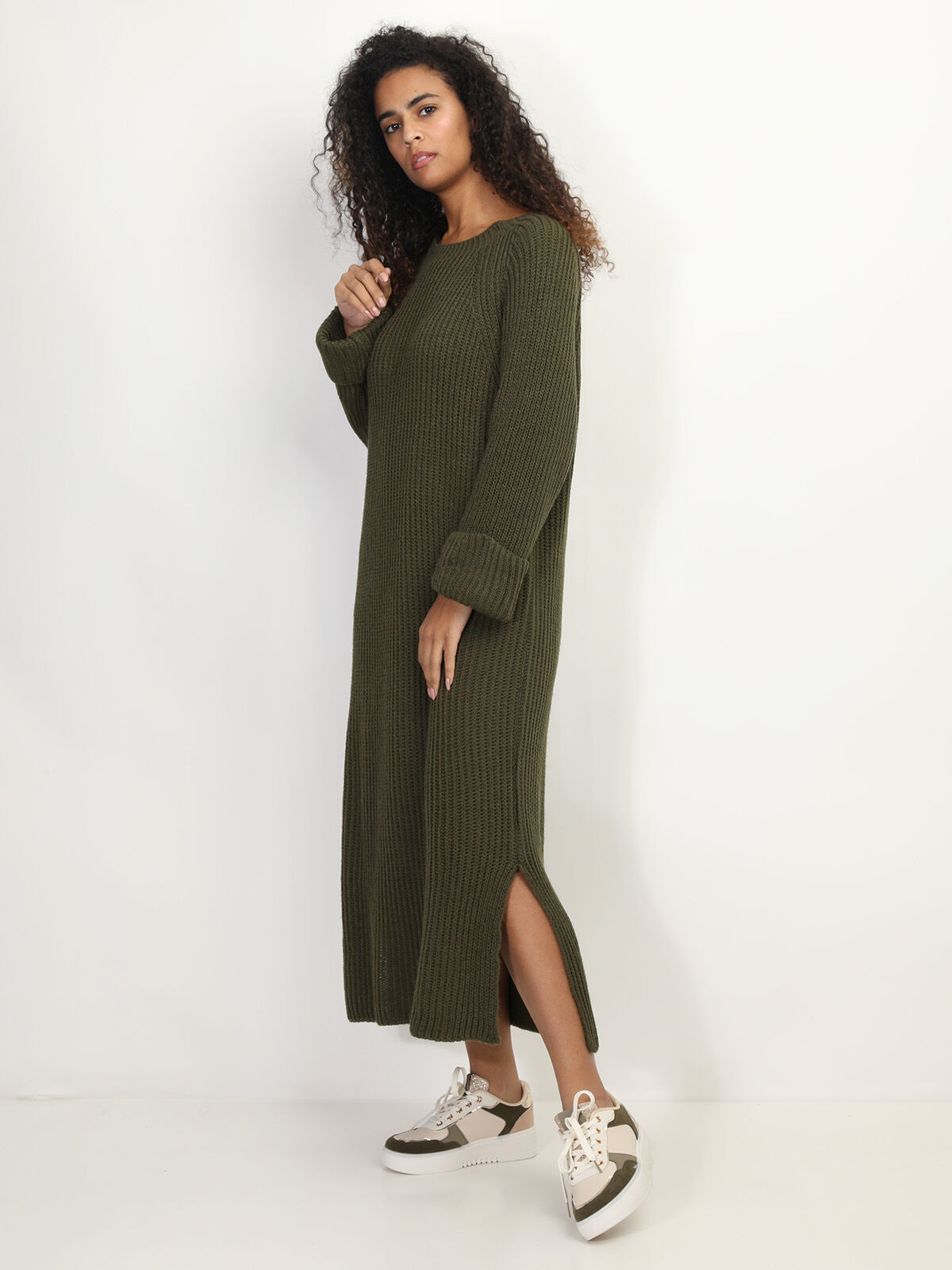 Robe à manches évasées et fentes- Kaki