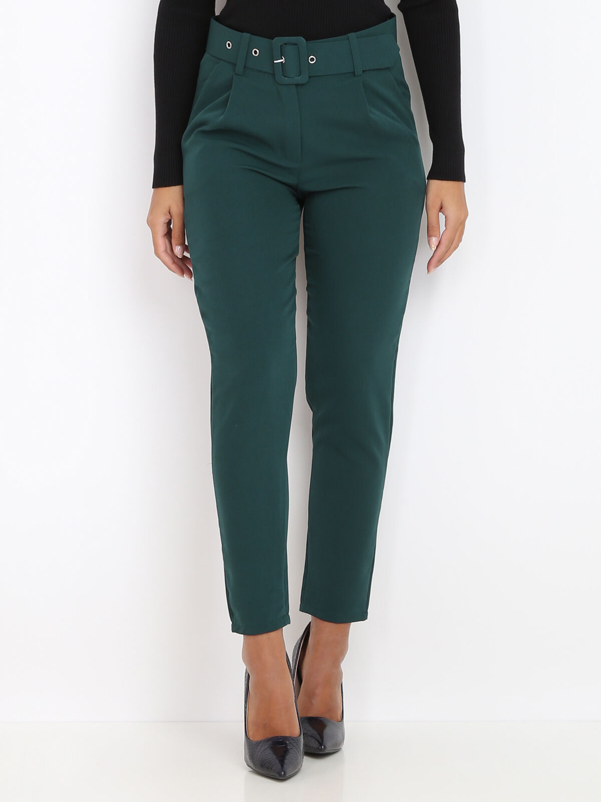 Pantalon à pinces ceinturé- Vert foncé