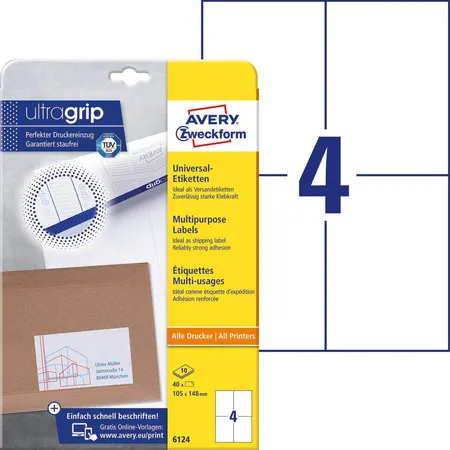 Avery Zweckform 6124 Universal-Etiketten,A4 mit ultragrip,105 x 148 mm, 10 Bogen/40 Etiketten, weiß