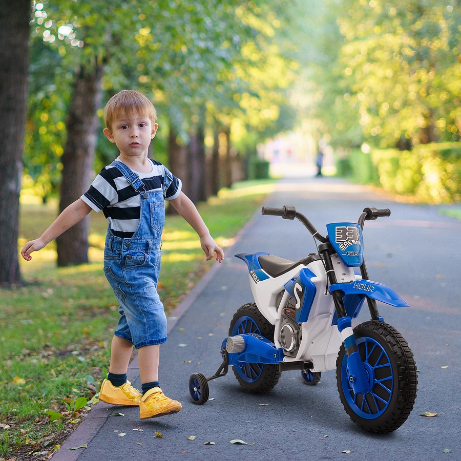 HOMCOM Kinder Elektromotorrad mit 2 abnehmbaren Stützrädern blau