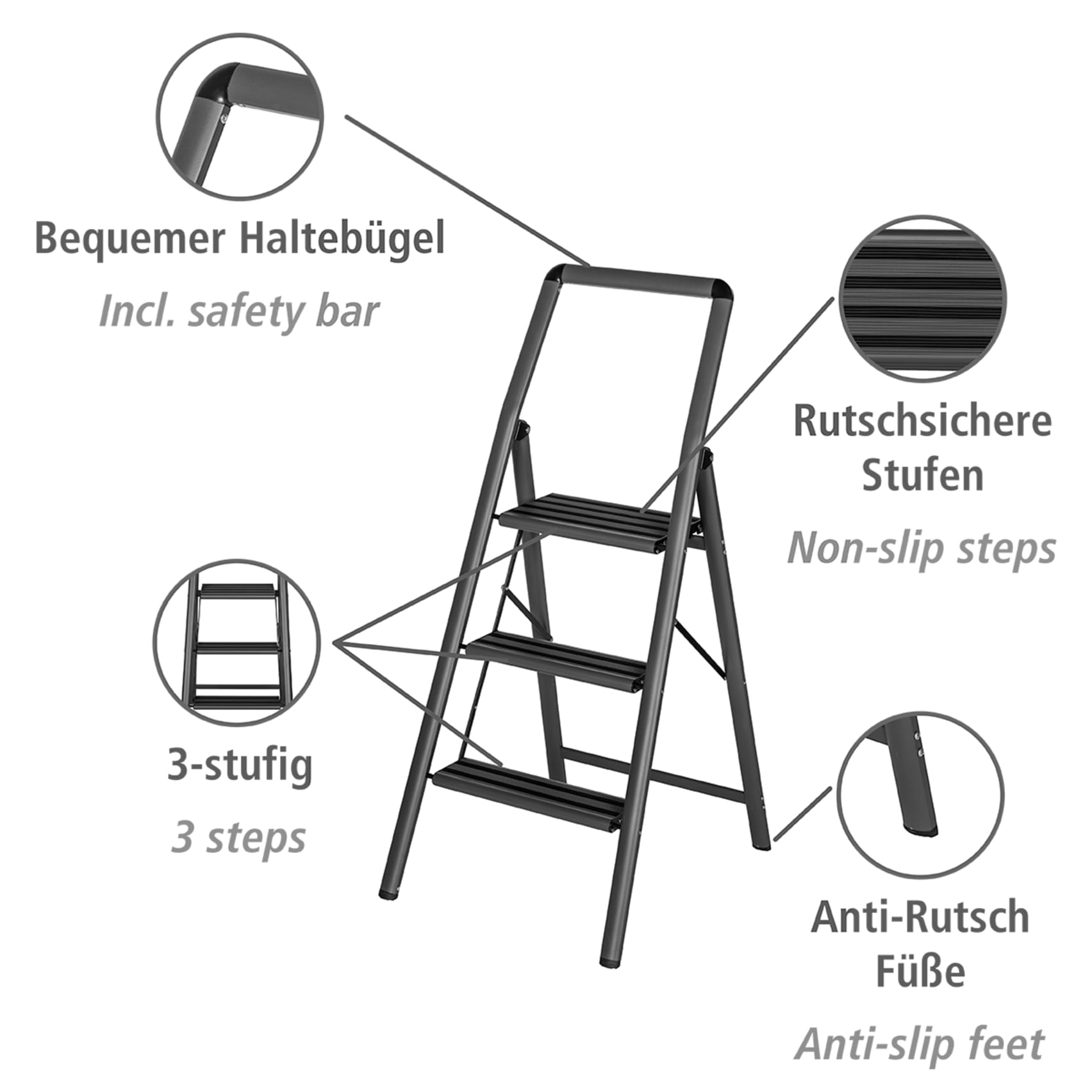 WENKO Trittleiter »Modell Alu-Compact« leichte & rutschfeste Haushaltsleiter, belastbar bis 150 kg, klappbar