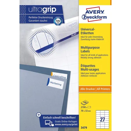 Avery Zweckform 3479 Universal-Etiketten,A4 mit ultragrip,70 x 32 mm, 100 Bogen/2.700 Etiketten, weiß