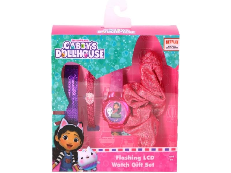 Waldmeier LCD Uhr Geschenkset Gabbys Doll Blau/Lila Leuchtende Kinderuhr mit digitaler Anzeige