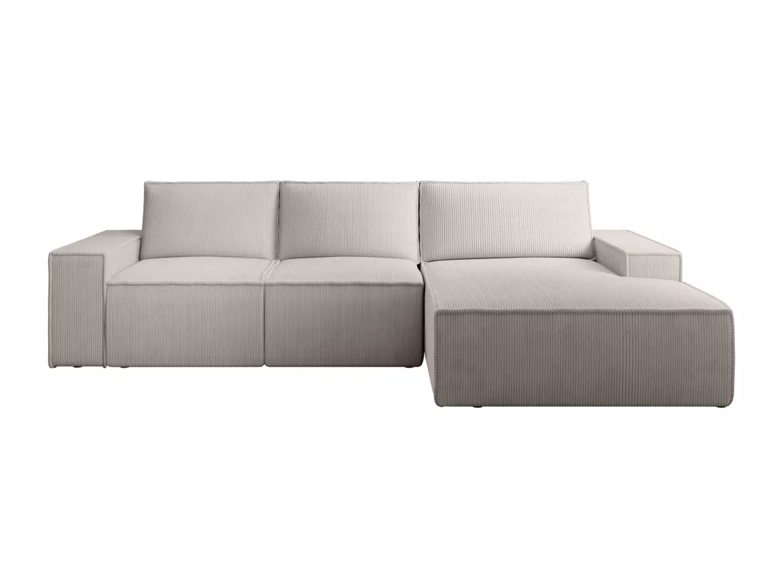 Grand canapé d'angle droit convertible en velours côtelé beige AMELIA