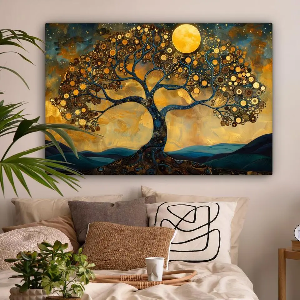MuchoWow Canvas Schilderij 120x80cm Boom Maan Bloemen Goud