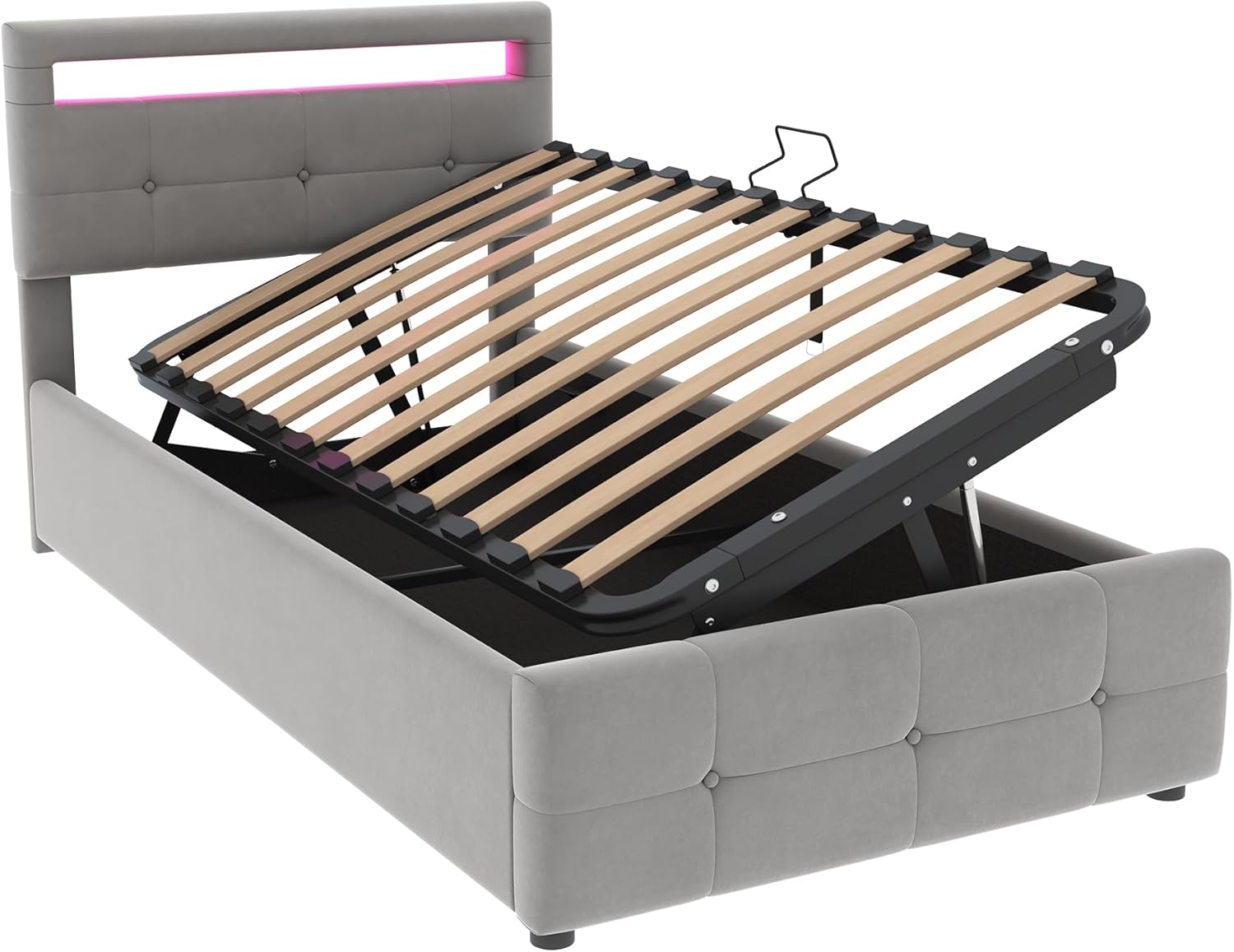 Boxspringbett Polsterbett 90x200 cm, Hydraulisches Stauraumbett mit LED Beleuchtung und Lattenrost, Bett mit Bettkasten und verstellbares Kopfteil, Einzel-Hochboxbett Jugendbett, Grau, ohne Matratze
