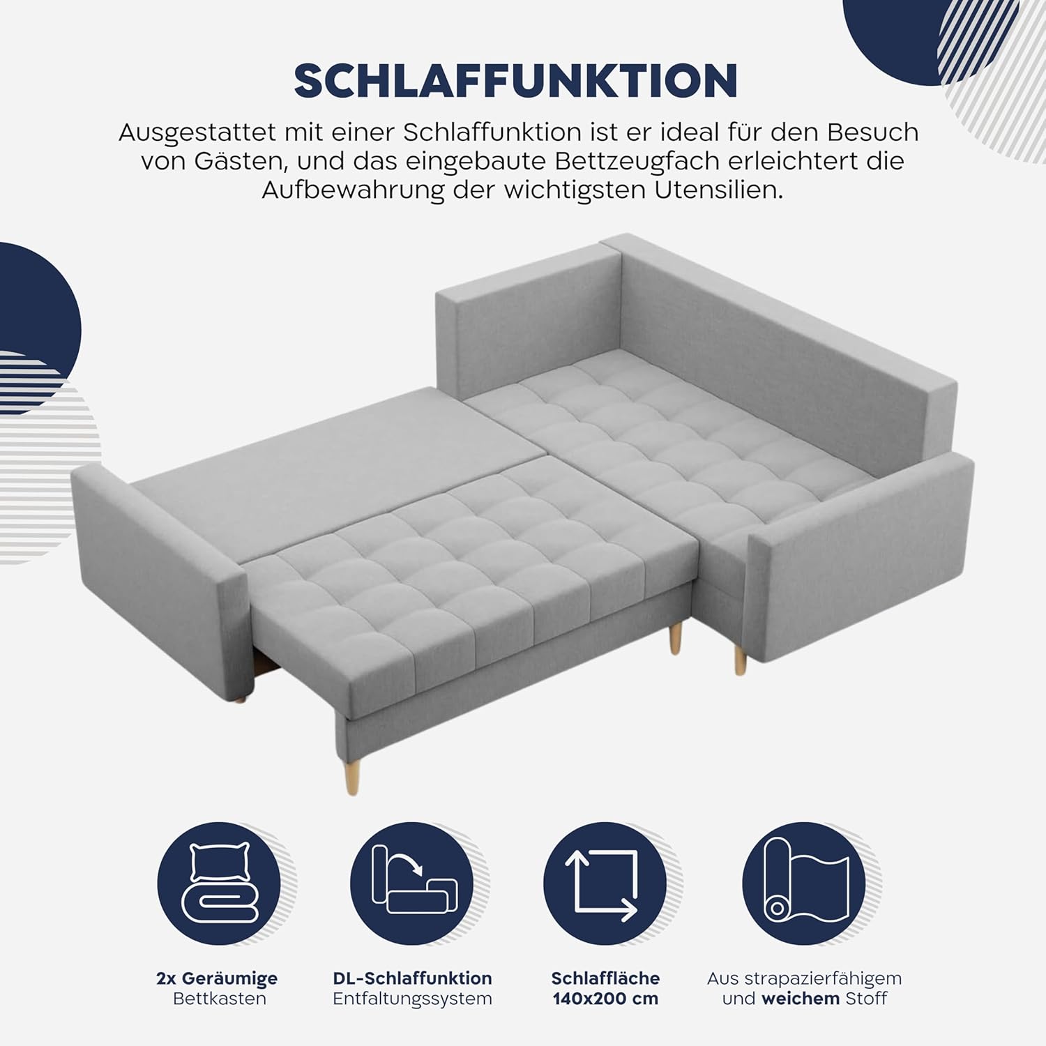 Mebligo - Ecksofa mit Schlaffunktion und Bettkasten Elma, Eckcouch mit Ottomane Links, Sofa L Form (BxTxH) 223 x 172 x 88 cm, Couch Wohnzimmer, Ecke Sofa, Grau (Lux 32)