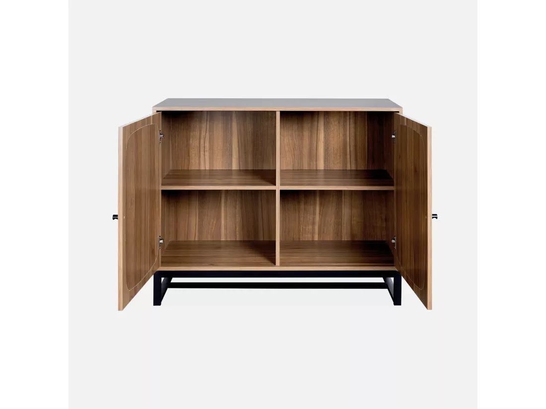 Buffet rétro décor bois foncé et cannage. buffet haut. vaisselier. 2 portes avec pieds en métal noir L100cm