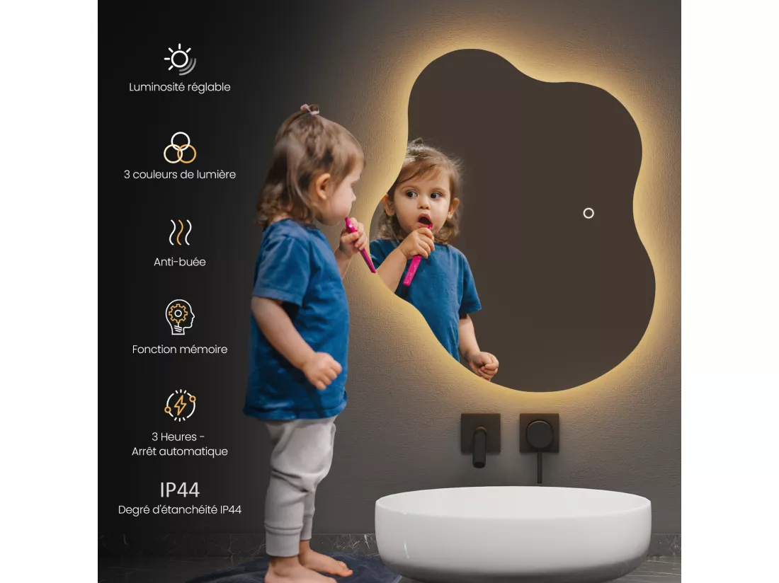 EMKE Miroir lumineux salle de bain sans cadre 60x50cm , Miroir LED avec Interrupteur Tactile, Anti-buée, Miroir avec 3 couleurs de Lumières