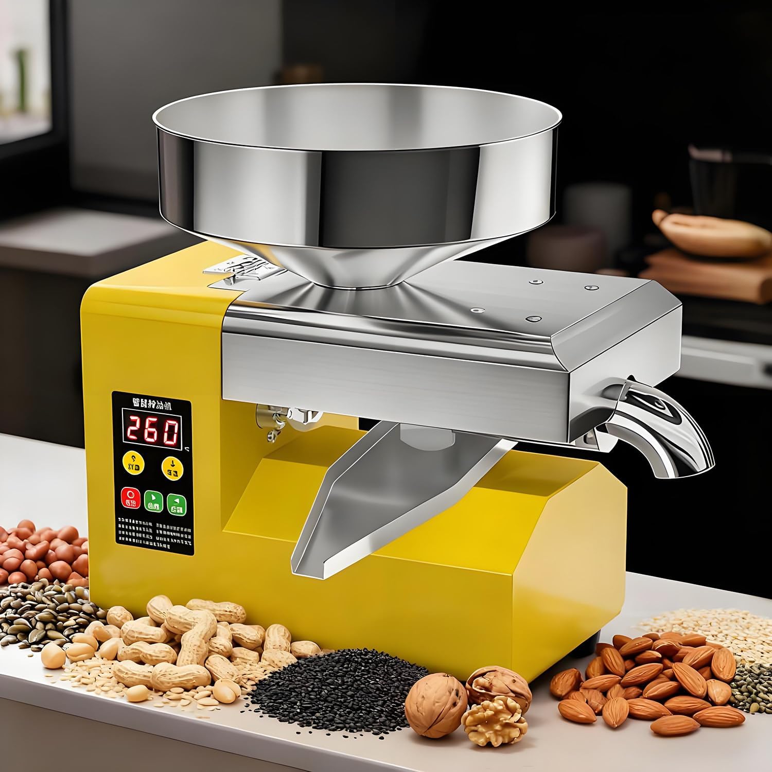 R8S Elektrische Ölpresse aus Edelstahl 1500W | Automatische Ölpressmaschine mit Großem 235mm Trichter | 5–9kg/h | Olivenpresse Für Zuhause, Kleinbetrieb & Gewerbe – Gelb