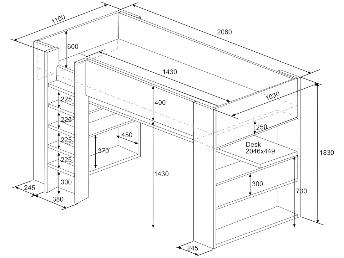 Lit mezzanine avec bureau et rangements intégrés - 90 x 200 cm - Chêne et blanc - NOAH II