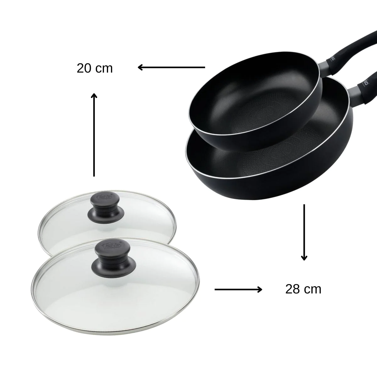 Ensemble de 2 woks de cuisine et 2 couvercles en verre 20 cm et 28 cm