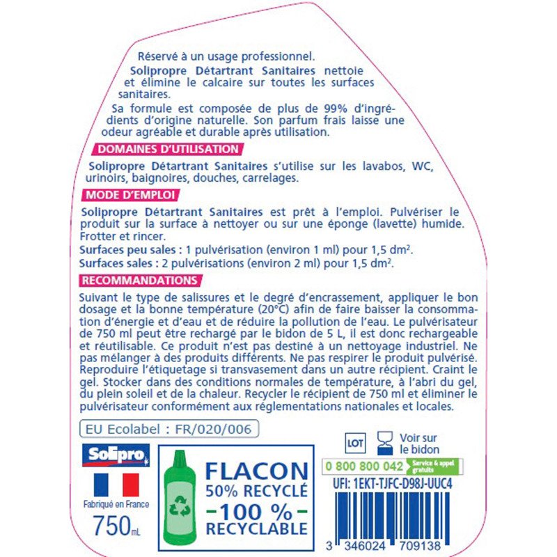 Détartant sanitaires Solipropre - Spray 750 ml