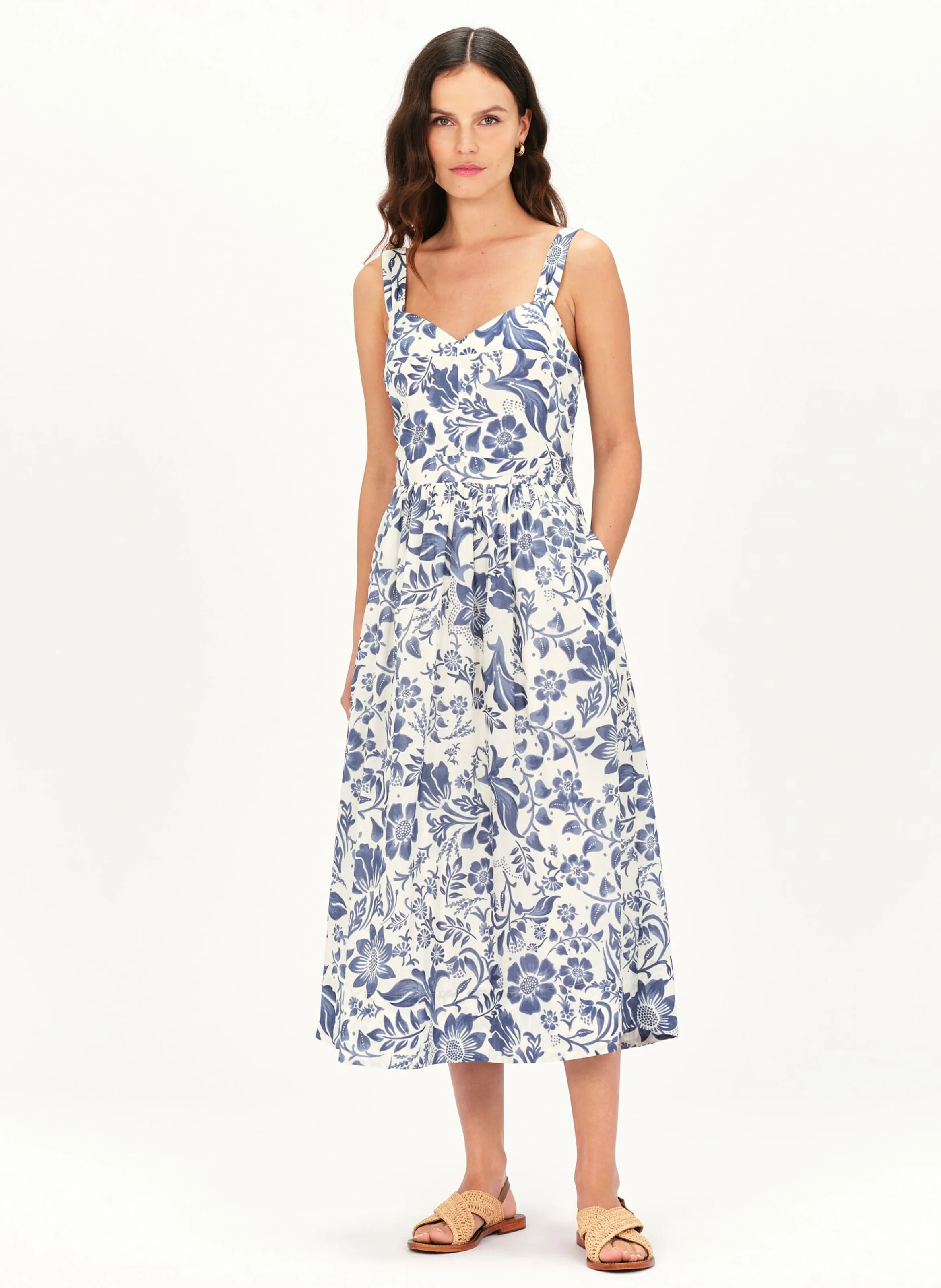 RITZILON - Robe midi col V à imprimé floral en coton | Bleu
