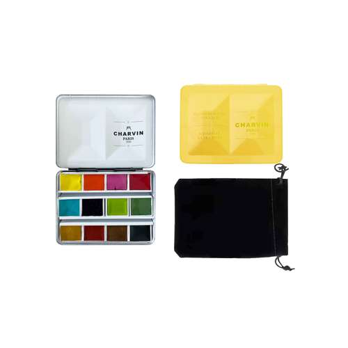 CHARVIN extrafeine Aquarellfarbe, 12 x 1/2 Näpf., Metallkasten
