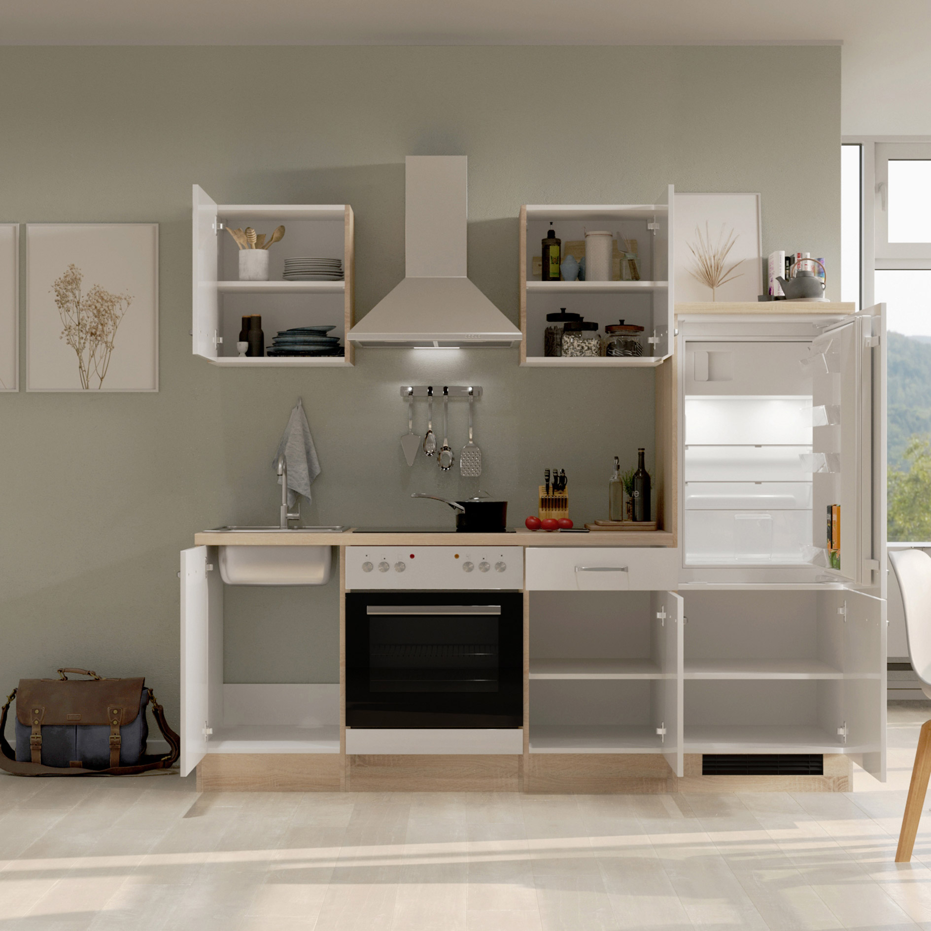 Küchenblock VALERO - weiß Hochglanz - Sonoma Eiche - mit E-Geräten - 220 cm