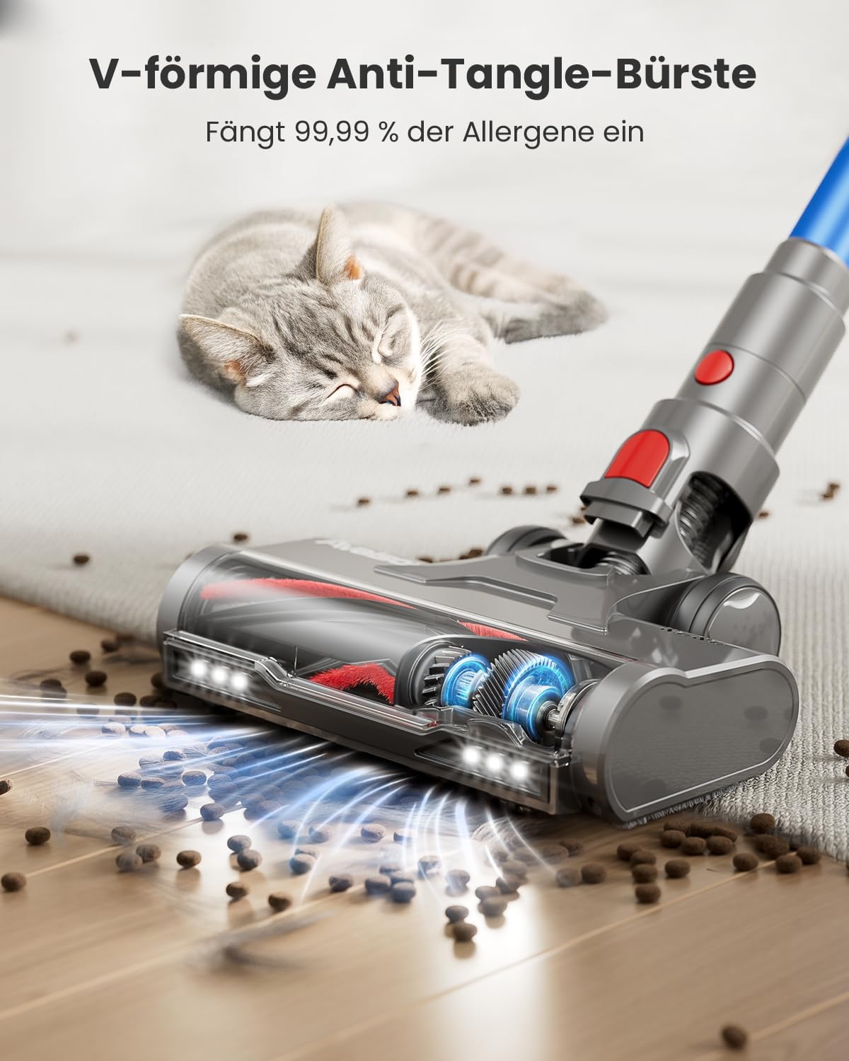 Akku Staubsauger 50000Pa/600W/65Min, 1,8L Staubsauger Kabellos mit Staubabstreif-Funktion, Anti-Tangle-Bürste, 8-Fach-Filtration Akkustaubsauger Selbststehend für Teppiche/Tierhaare/Hartböden
