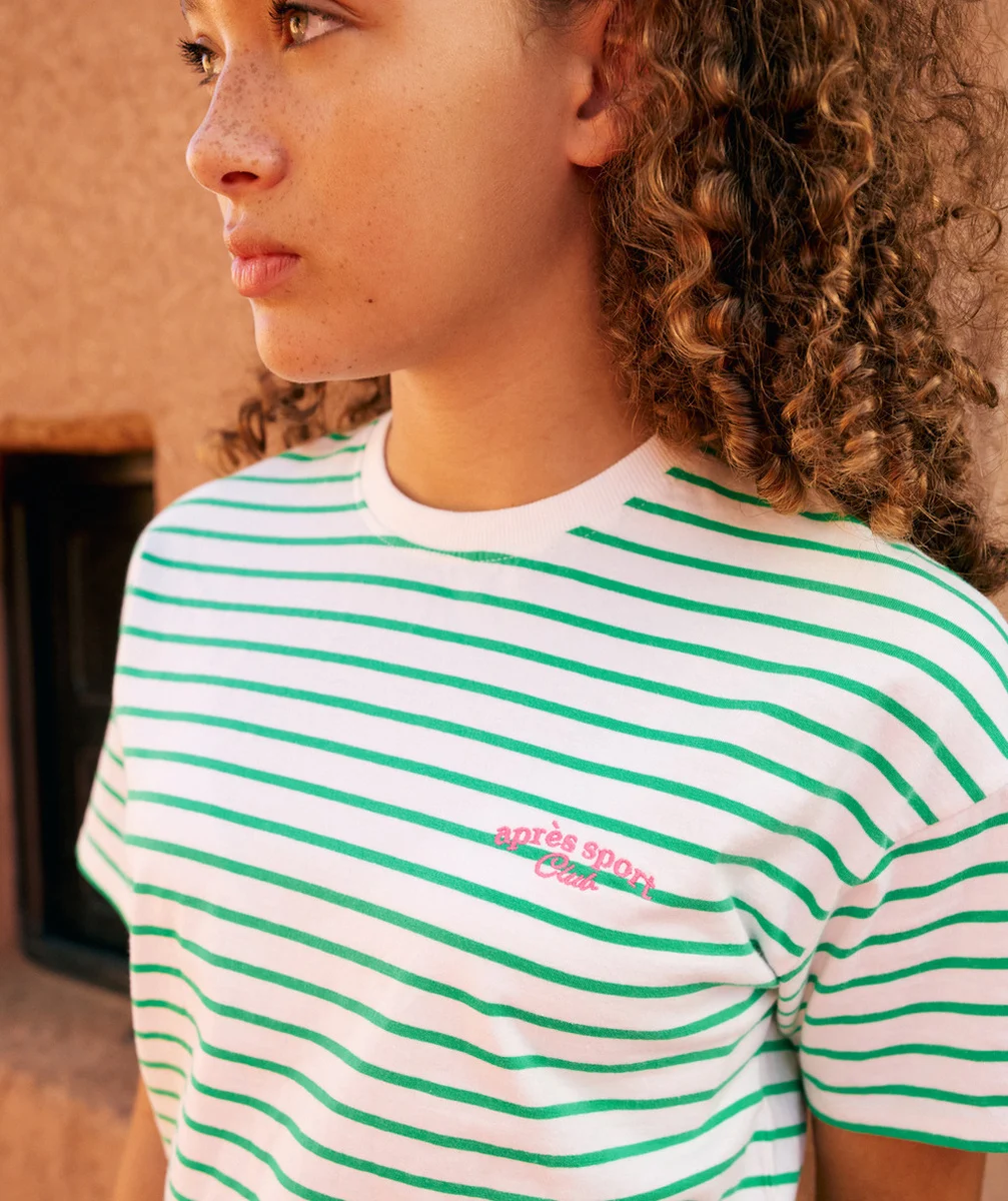 t-shirt manches courtes fille en coton bio blanc à rayures vertes
