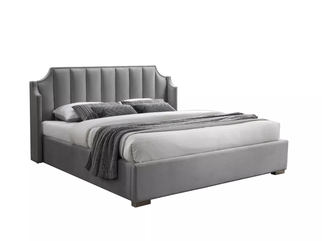 Lit coffre 160 x 200 cm avec tête de lit incurvée - Velours - Gris clair - TEOMIS