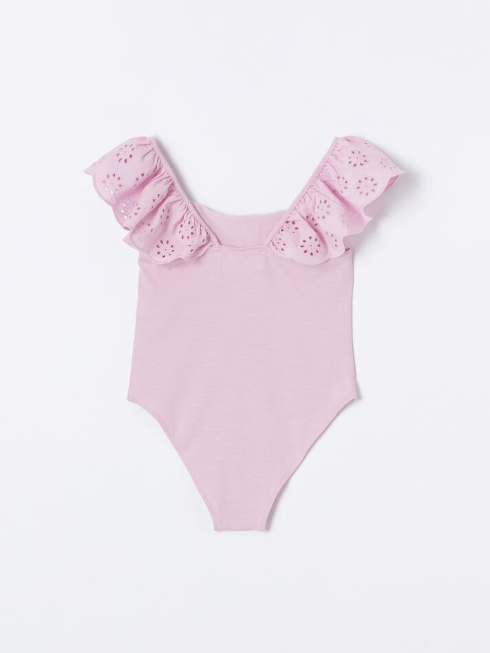 Body com babados e bordado suíço - Rosa claro