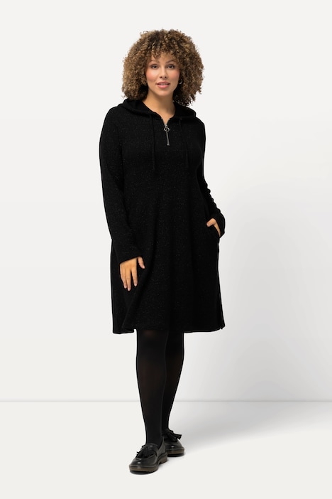 Sweat-Midikleid, Waffelstruktur, Glitter, Kapuze, Langarm