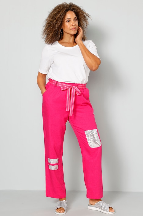 Hose, Straight Fit, Pailletten, Bindegürtel