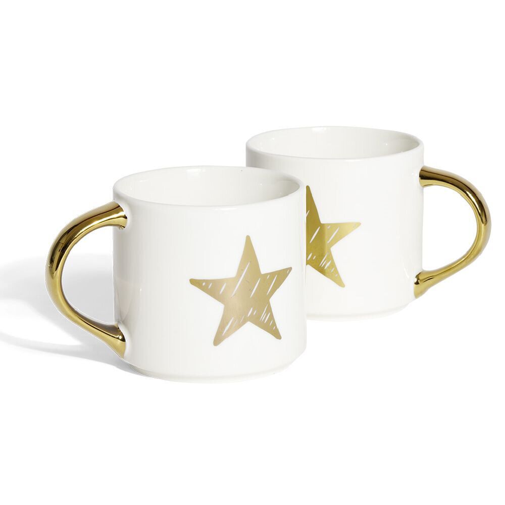 Coffret mug duo empilable étoile céramique blanc et doré 30cl
