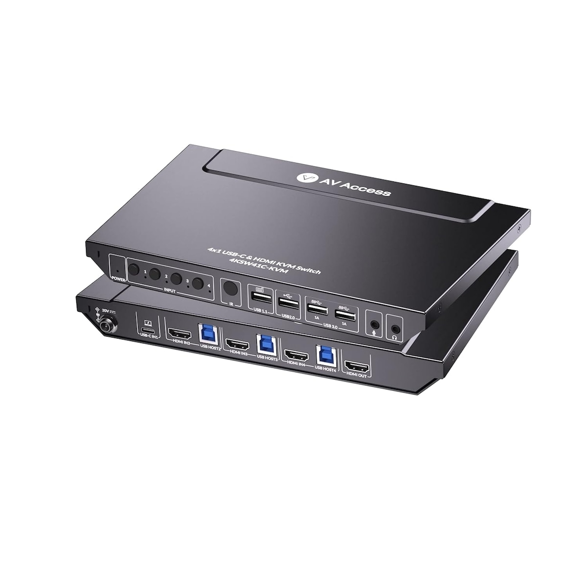 AV Access 4K USB-C og HDMI KVM-svitsj 4 PC-er 1 skjerm, 60W lading for bærbar PC