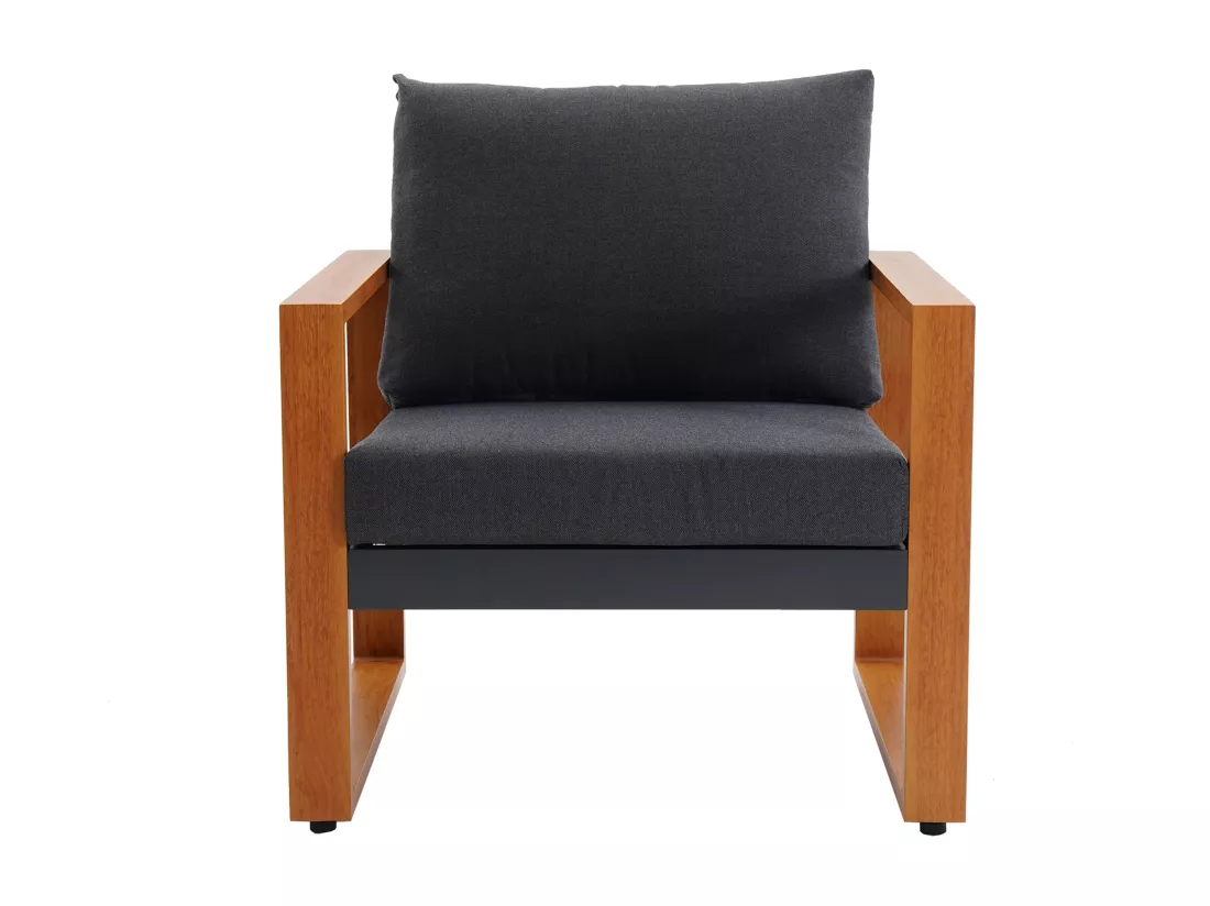 Salon de jardin en aluminium : un canapé 3 places, 2 fauteuils et une table basse - Naturel coussins noirs - JALLY de MYLIA