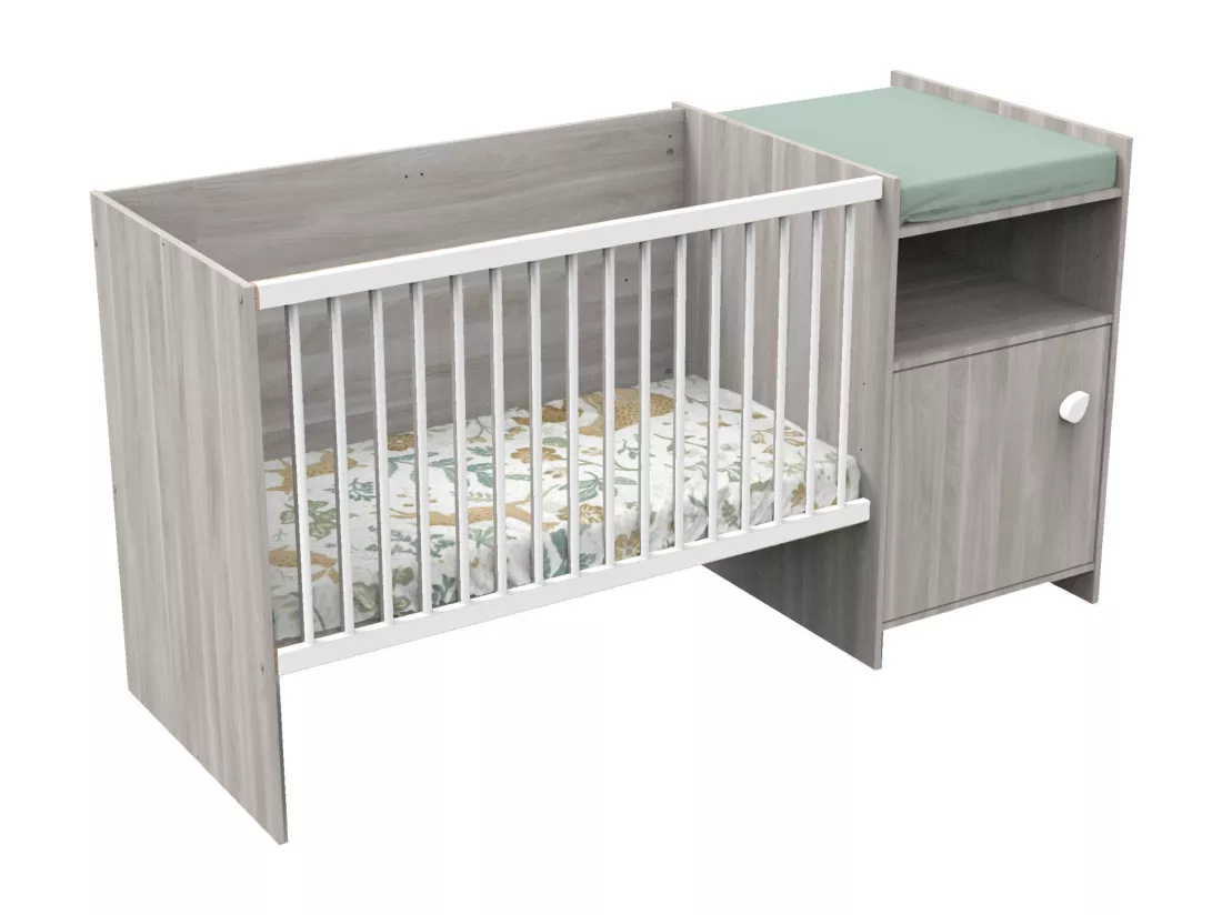 Lit bébé combiné 120x60 évolutif en 90x190 en décor bois avec commode à langer 1 porte