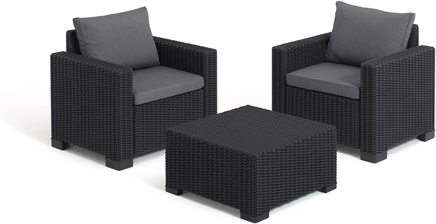 Allibert by Keter Gartenlounge Sessel California, graphit/cool grey, 2er Set, inkl. Sitz- und Rückenkissen, Kunststoff, runde Rattanoptik, 83 x 68 x 72 cm